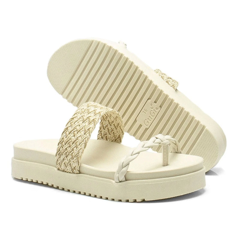 Kit 2 Sandálias Tressê Feminina GuGi Papete Conforto Com Tiras Trançadas Birkenstock Dia A Dia Marfim e Branco