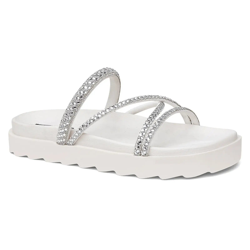Papete Feminina Branca Strass Brilho Sandália 4 Tiras Flat Conforto